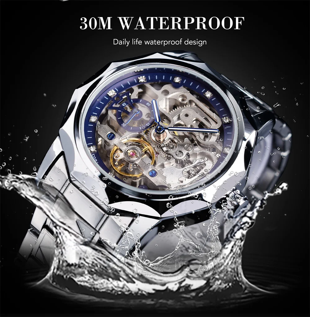 Forsining 199A  Clock Mechanism Skeleton Transparent Silver Stainless Steel Mens Automatic Mechanical Male Watch Birthday Gift