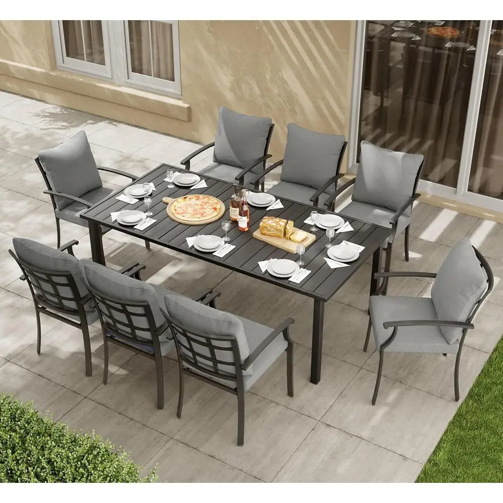 

9-Piece Patio Dining Set, Outdoor Dining Set with Powder-Coated Metal,Dining Table with Umbrella Hole, 8 Stackable Chairs with R