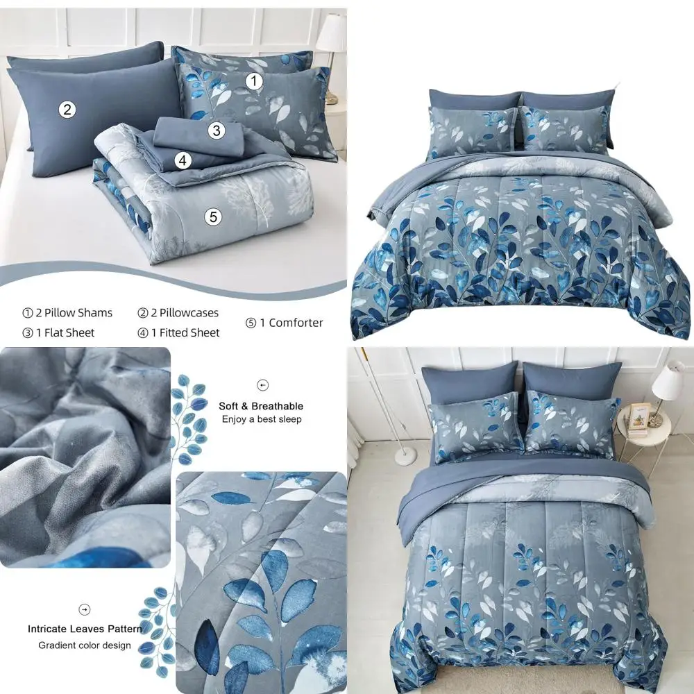 

Темно-синий комплект одеял с цветочным принтом королевы из 7 предметов с градиентными листьями, ультрамягкая микрофибра, двустороннее, всесезонное постельное белье