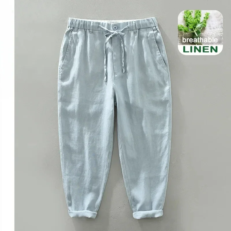 

Spring Summer New Men Pure Linen Pants Breathable Cool Hemp Deawstring Fit Casual Trouser DN1632