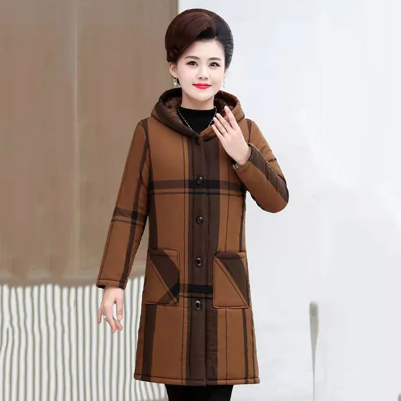 Middle-aged And Elderly Oomen's Fleece Cotton-padded Mother's Winter Long  Cotton-padded  Loose Large Size Warm Plaid Coat