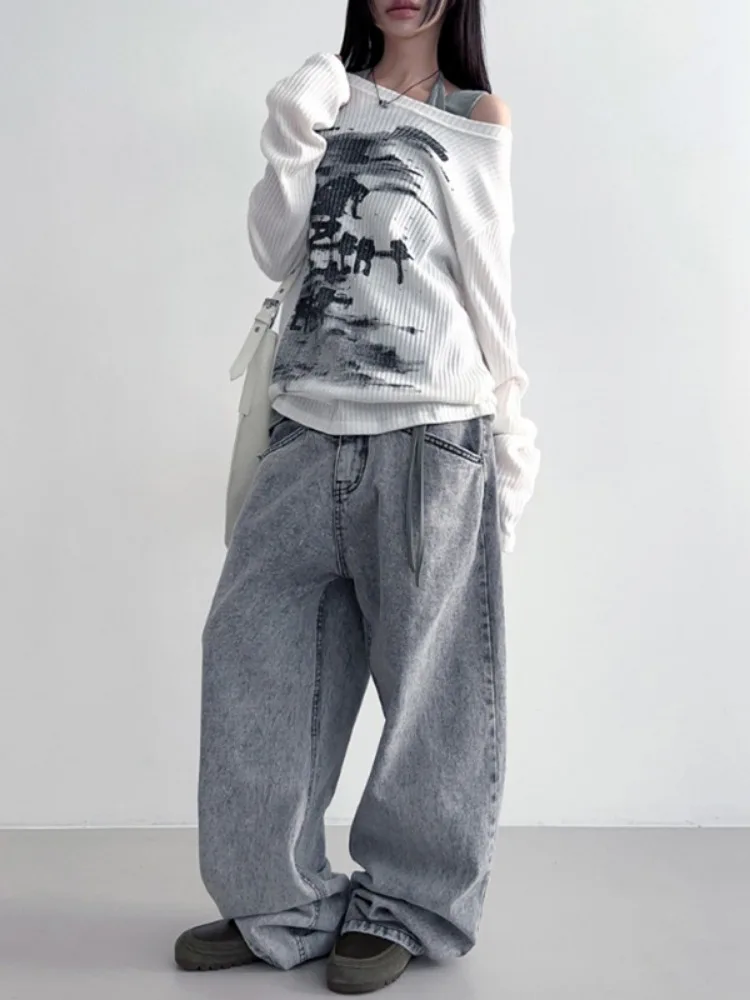 Autunno Harajuku donne stampa Tees Vintage Streetwear Grunge Skew collare top Y2k estetico allentato Casual Hiphop Vintage top