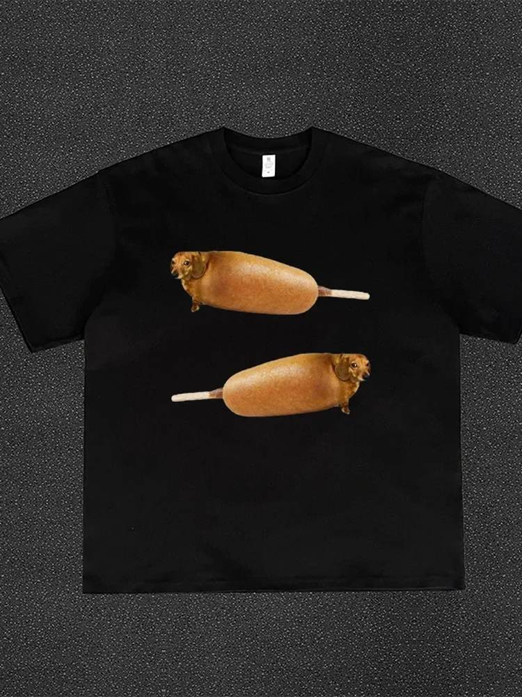 Creative Corn Hot Dog Print Double-Sided Unisex Couple Short-Sleeved Sports Artistic Cartoon Fun  Pure Cotton T-Shirt