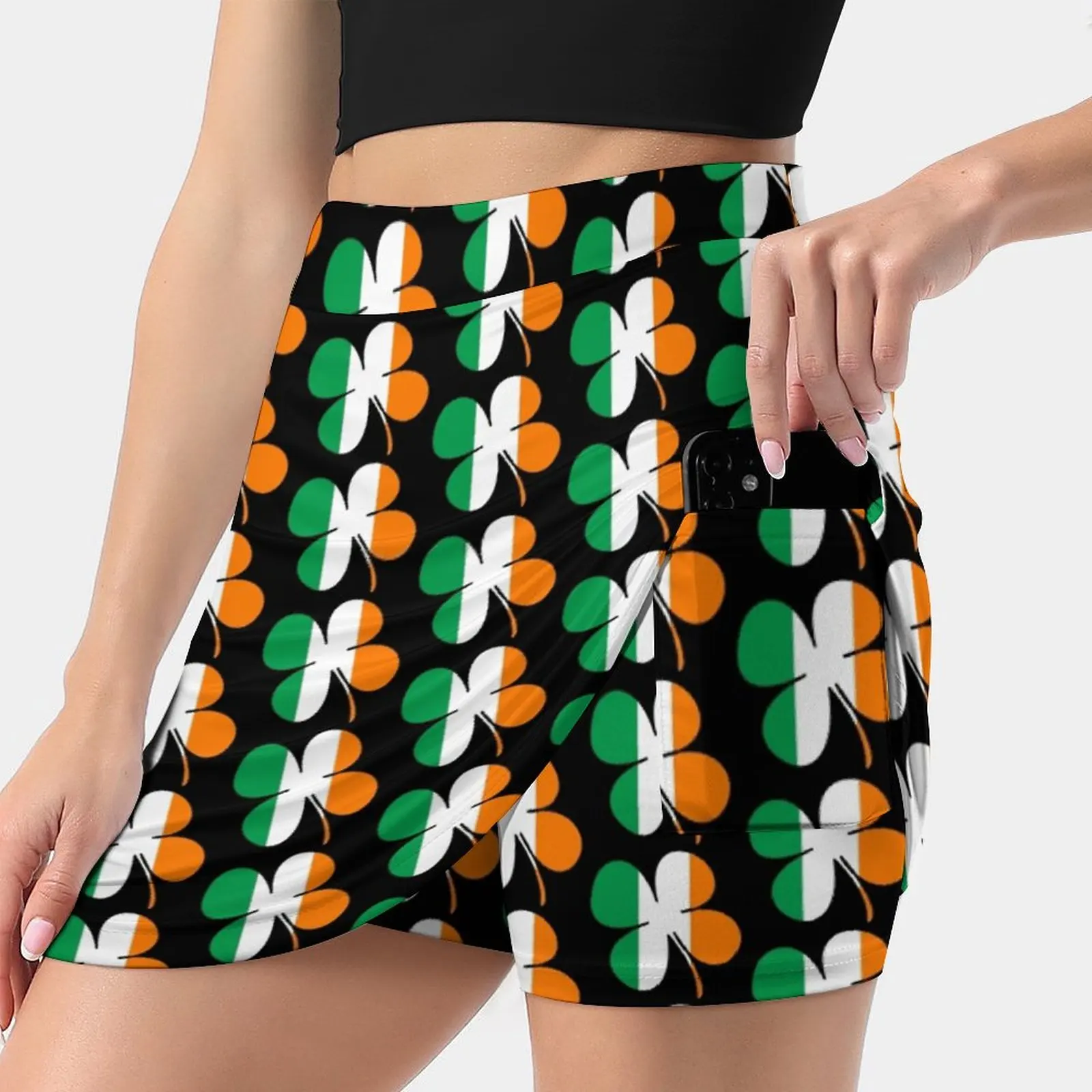 

Женская мини-юбка с принтом ирландского флага, трапециевидная юбка трапециевидной формы с изображением четырехлистного клевера и скрытыми карманами, с ирландским флагом