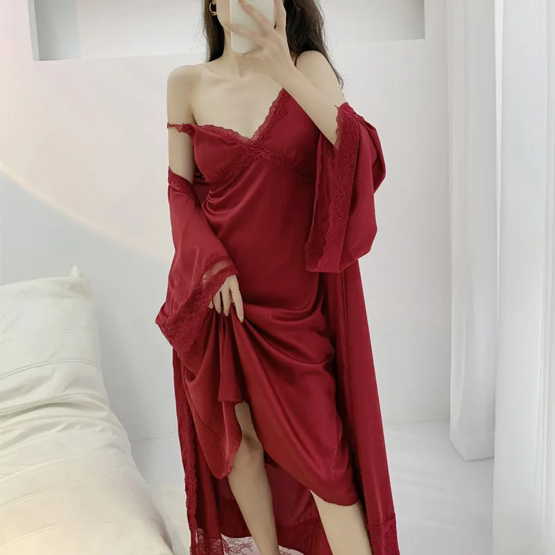 

Sexy Lace Patchwork Sleepwear Bridesmaid Wedding Kimono Bathrobes Gown Bridal Wedding Robe Suit With Strap Nightgown Lingerie