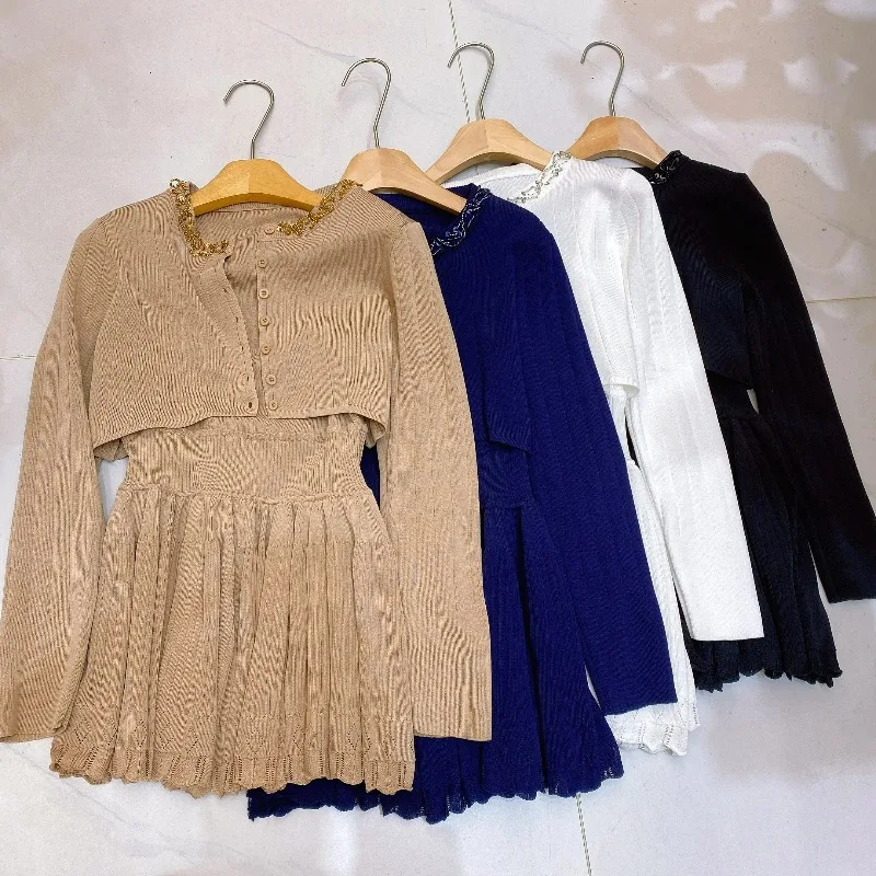 

Французский повседневный комплект в стиле бал-платье: женский вязаный кардиган с длинным рукавом и платье на бретельках, элегантный комплект для весны и осени