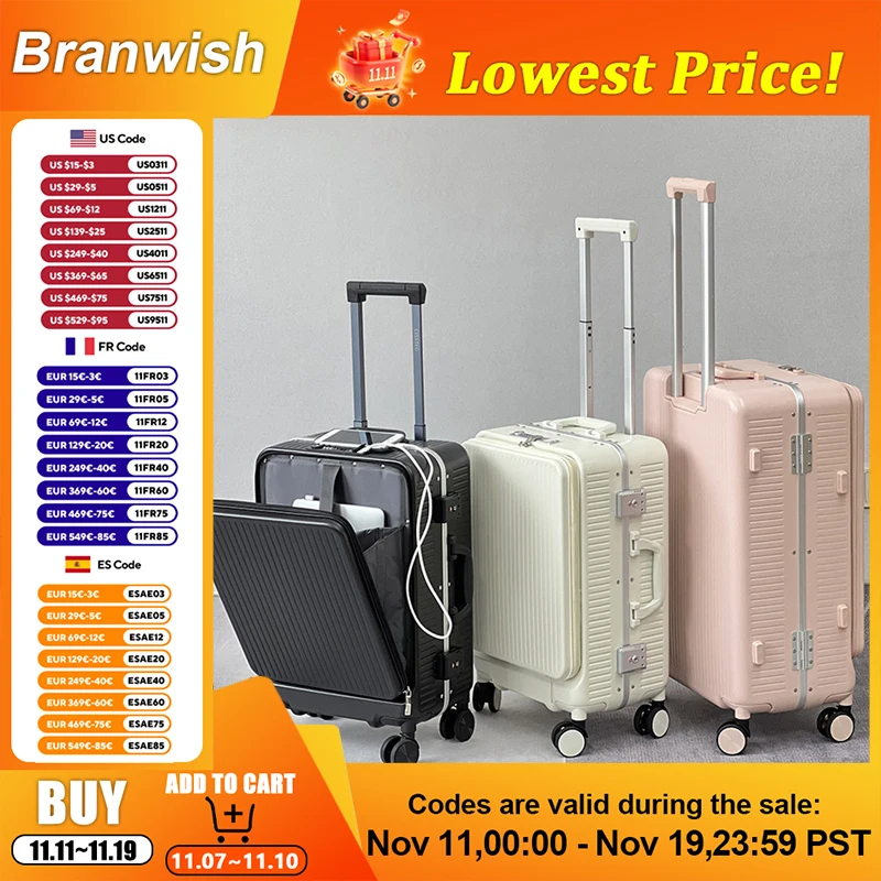 

Многофункциональный открытый передний чемодан 18/20/22/24 Дорожные чемоданы из АБС-пластика с двойным отделением Персиковая кожа Противоударные для мужчин и женщин