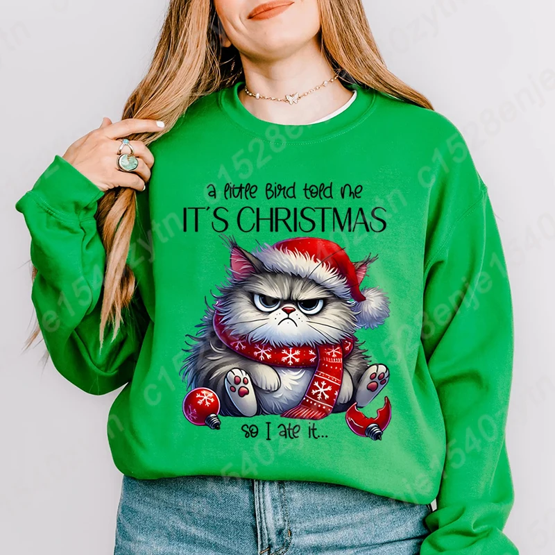 

Autumn Winter Women's Tops Cat A Little Bird Told Me It's Christmas Print O Neck Hoodless Pullovers Casual Pure Color Sweatshirt