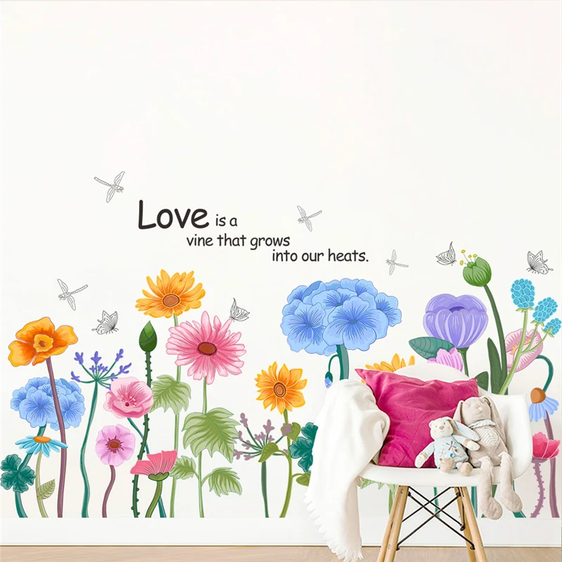 Fantastic Flowers Butterfly Wall Stickers For Shop Office Home Baseboard Decoration Plants Mural Art Pvc Decals Pastoral Posters