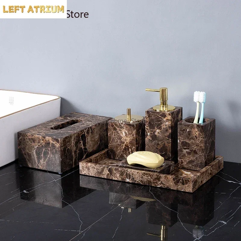 Dark Natural Marble Bathroom Set Brown Luxury Toothbrush Holder Soap Dish Soap Dispenser Bathroom Accessories toilet accessories