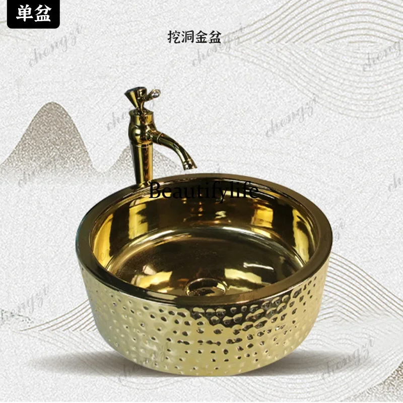 TTT  European-style countertop ceramic oval washbasin, gold artistic hand wash basin, modern minimalist bathroom vanity sink