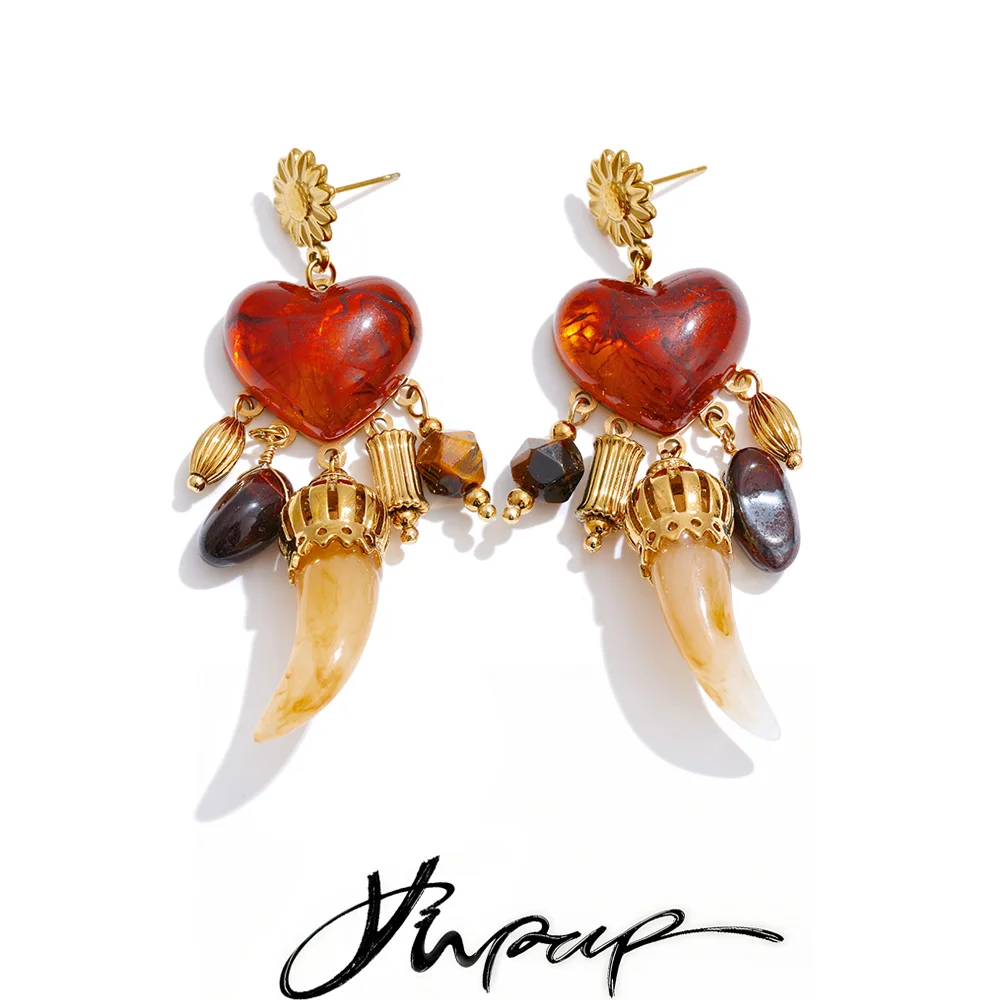 Yhpup Hot Style Resin Heart Horn Drop Charm Handmade Earrings Waterproof Stainless Steel Fashion Vintage Trend Jewelry Recommend