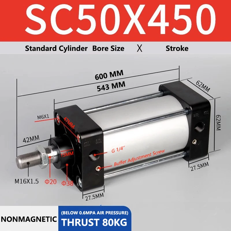 

Стандартный пневматический цилиндр ABILKEEN SC50X450, диаметр отверстия 50 мм, ход X 450 мм, воздушный стандартный цилиндр двойного действия