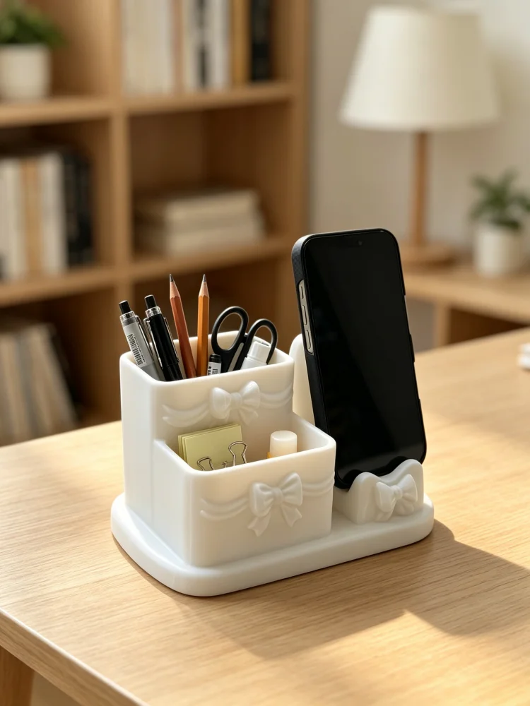 Office Desk Organizer, Bow-Knot Design 2-in-1 Pen Holder and Phone Stand, Matte White, Ins-Style Desktop Organizer, Home Office Storage, Student Stationery Organizer, Can Be Used as a Makeup Brush Holder, Cute Phone Stand, Cream-Style Minimalist Desktop Accessory, Desktop Transformation Item, Ribbon-Tied Stationery Organizer, White Pen Holder Desktop Decoration, Multi-Scenario Use, Suitable for Study Room, Dormitory, Dressing Table