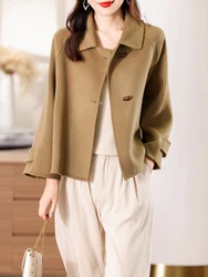 100% Merino Pure Wool Handmade Double-Sided Cloth Chic Coat Women's Short Oxhorn Button Heavy Coat High Street Elegant Top