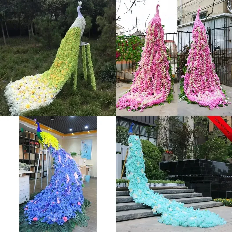 Elegant stage display decorated with large white grass flower artificial peacock