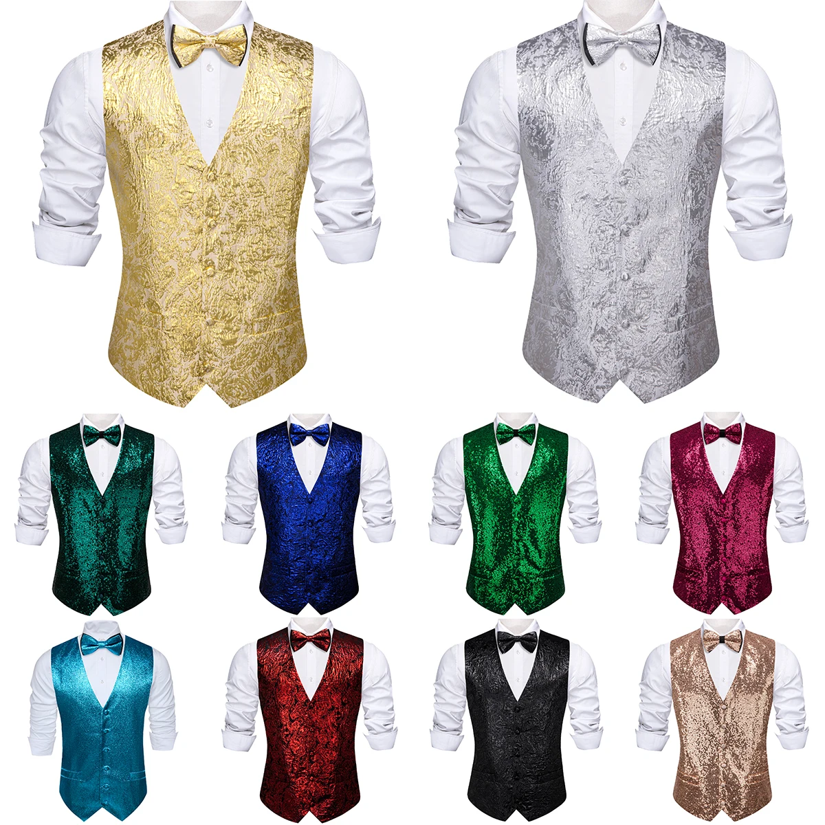 Luxury Vest for Men Silk Solid Shine Red Blue Silver Gold Green Khaki Teal Waistcoat Bowtie Set Party Formal Wedding Barry Wang