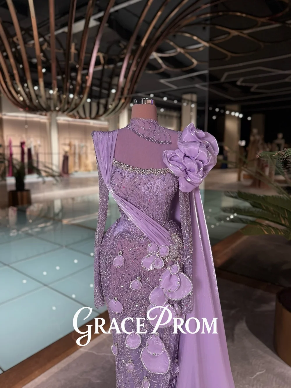 

GraceProm High Collar Evening Dress 2026 Lavish Petal Decor Carpet Gown Gorgeous A-Line Floor-Length Party Gown فساتين س
