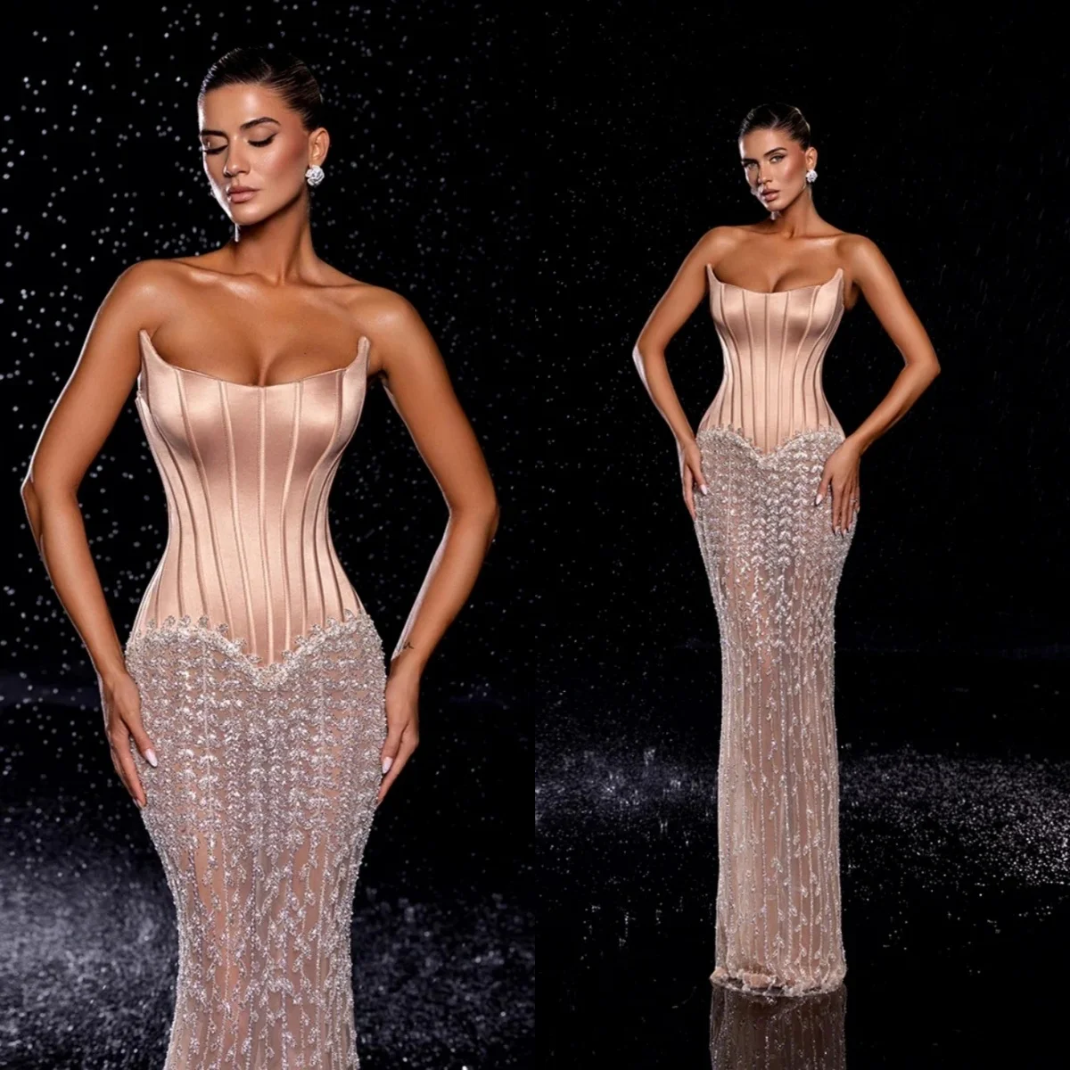 Moderno sem alças vestidos de noite lantejoulas vestidos de baile ilusão ver através da princesa sem mangas personalizado vestidos de noche