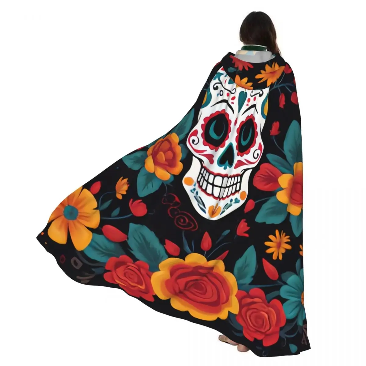 

Witch Cloak Skull Surrounded By Flowers Halloween Cosplay Costume Unisex Adult Cloak Retro Ages Cape