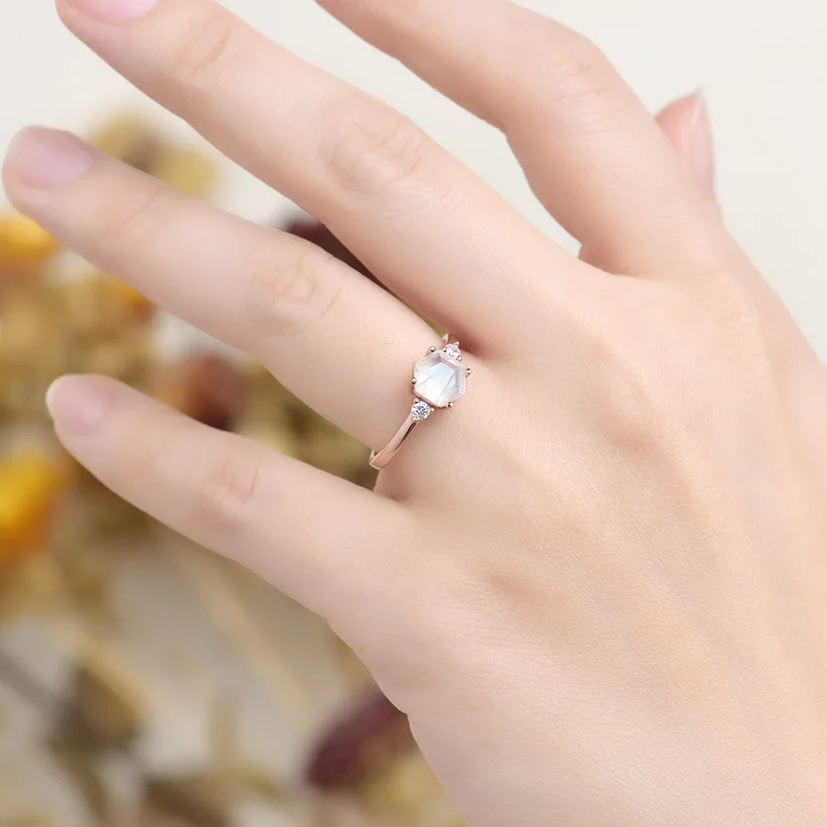 Kuololit Natural Moonstone Gemstone Ring for Women Solid 925 Sterling Silver Rainbow Hexagon Ring For Engagement Party Gifts New