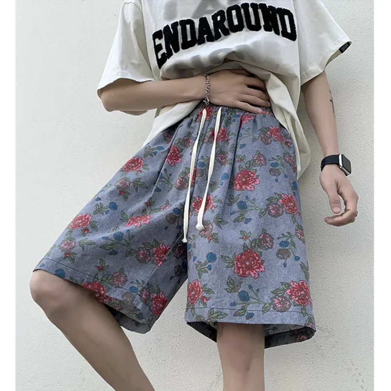 LIBIELIY Summer Flower Shorts Men Fashion Retro Printed Shorts Men Streetwear Hip-hop Loose Beach Shorts Mens Knee Length Pants