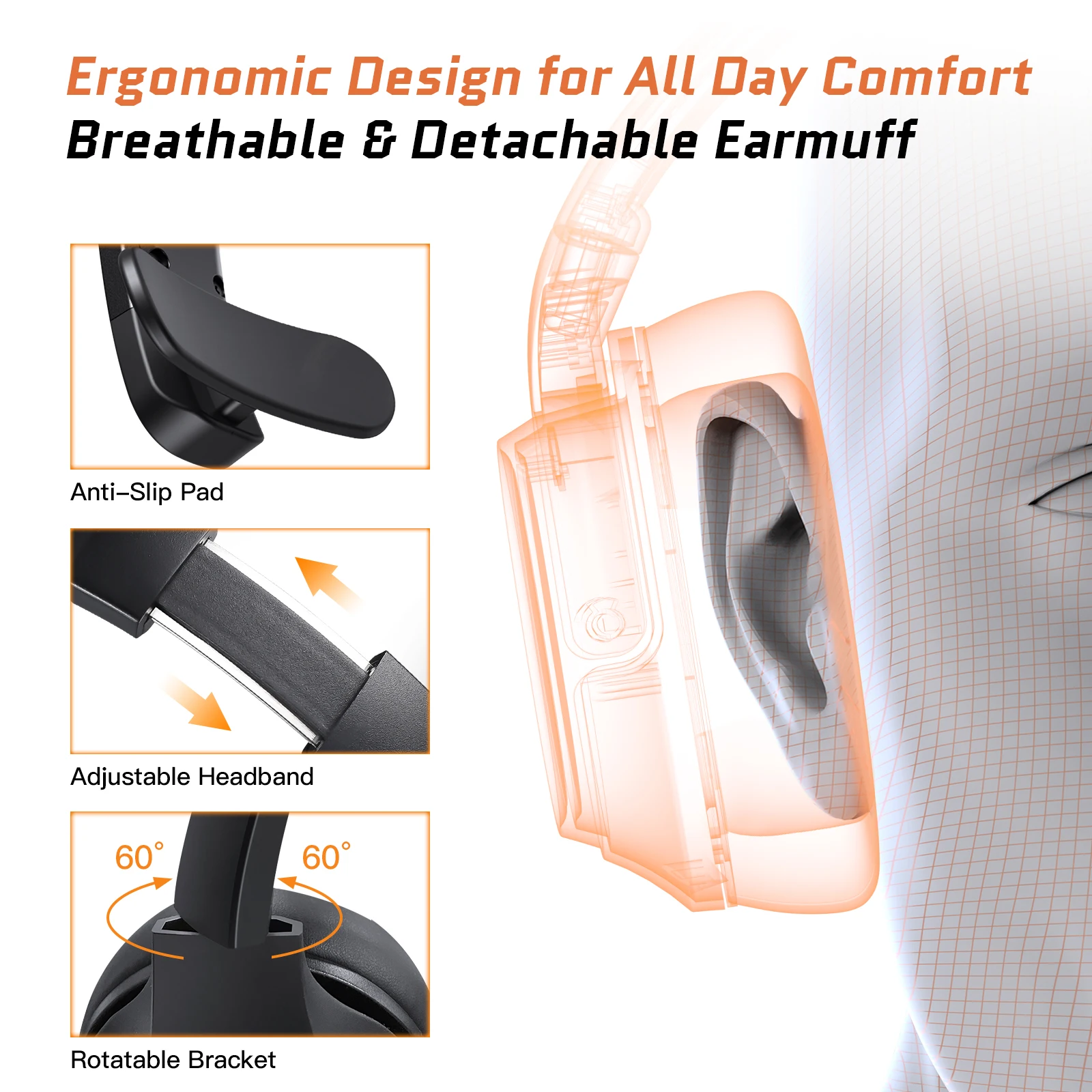 EKSA Wireless Headphones, Bluetooth 5.0 Headset, ENC Microphone, 30H Playtime, For Office/Call Center, with USB Dongle(Optional)