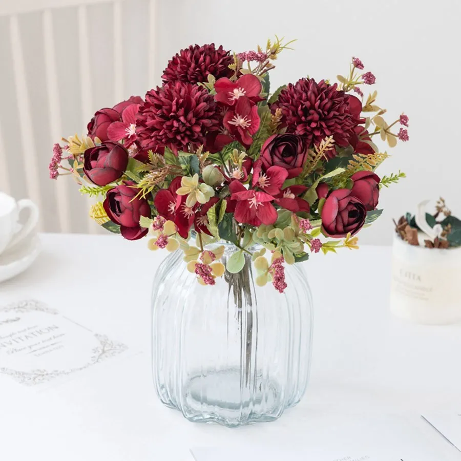 Artificial Flowers Tea Rose Buds Bouquet Diy Candy Box Vase for Home Decor Valentine Garland Wedding Silk Hydrangea Fake Flowers