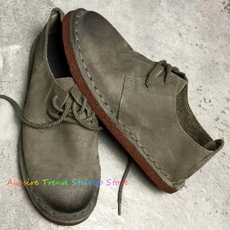 

Khaki Leather British Handmade Cowhide Sole Men's Shoes Retro Round Toe Casual Lace Up Soft Wear Men Driving Single Shoes