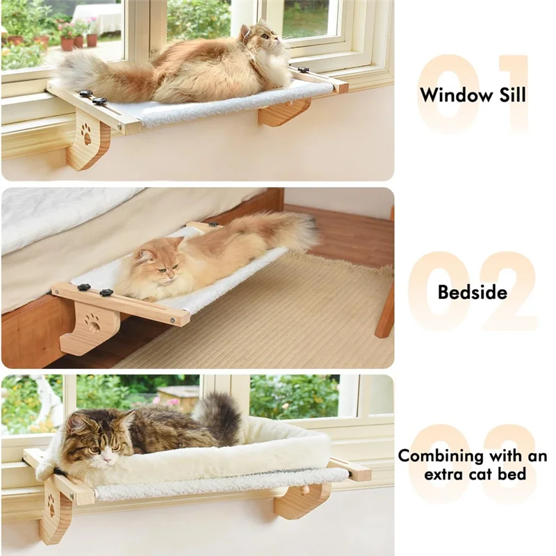 

AAAN-Sturdy Wood& Metal Frame Cat Hammock Window Seat Cat Sill Perch For Large Cats, Easy To Adjust Cat