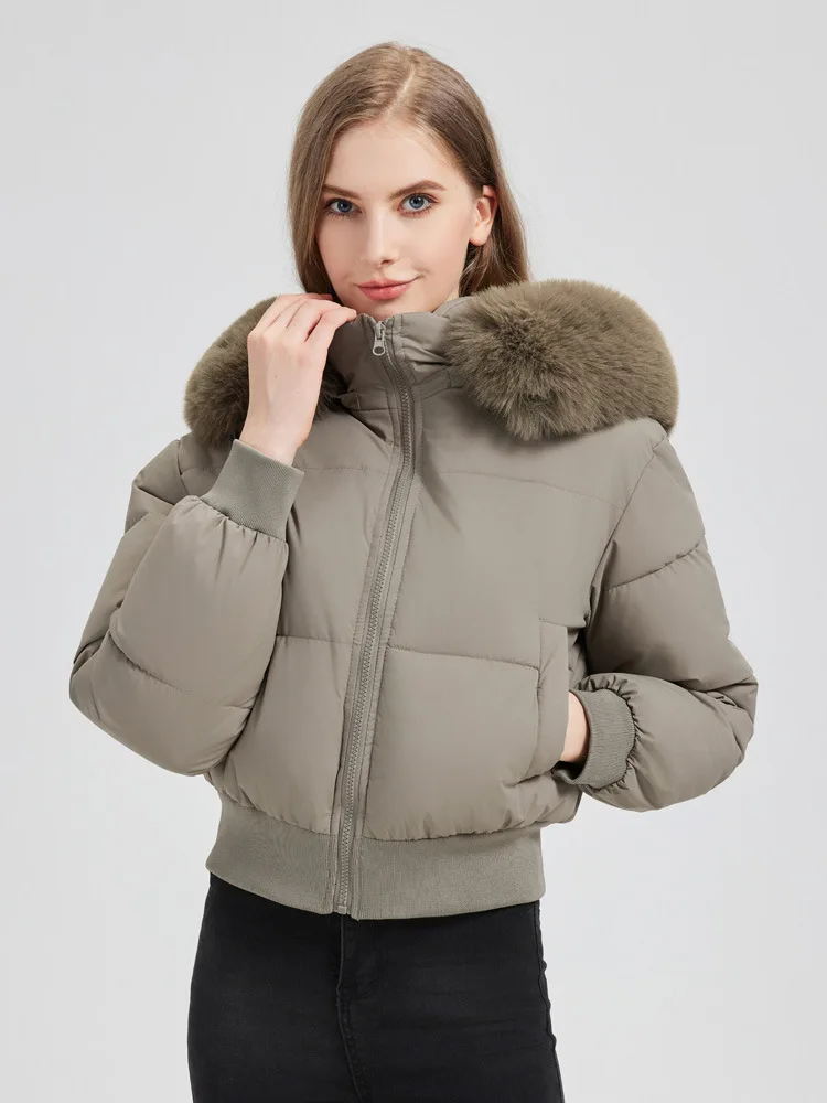

Winter Fur Collar Color Blocked Padded Jacket Women's Long Sleeve Zipper Short Cotton Clothes Chic Loose Thick Warm Quilted Coat