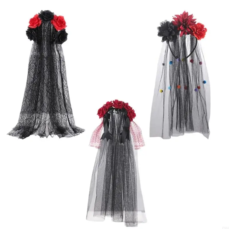 

P88A Mexicans Rose Flower Crowns Headband with Black Veils Day of The Deads Headpiece Halloween Cosplay Costume for Womens