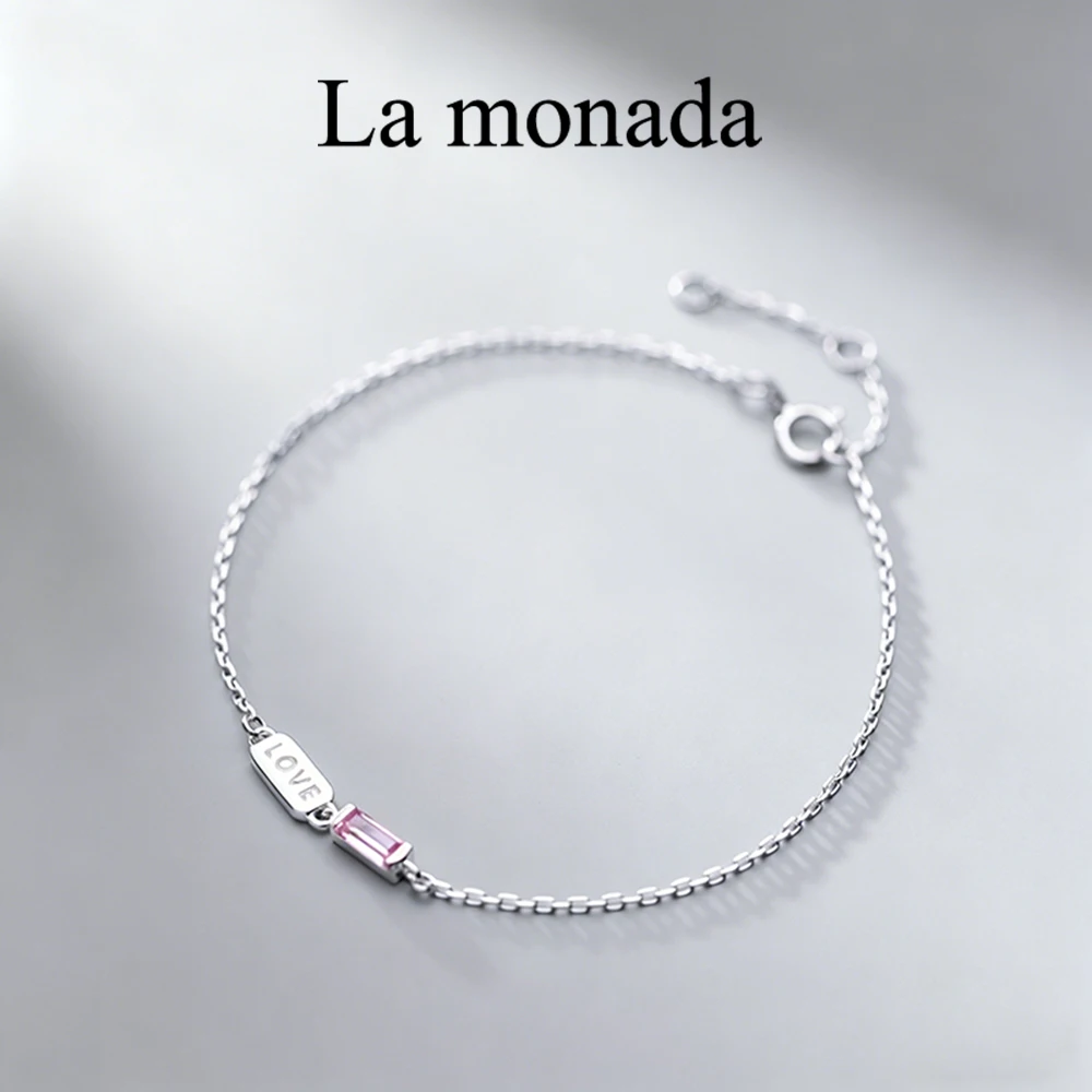 Bransoletka La Monada 925 Srebro z Napisem LOVE, Różowy Cyrkon, Delikatna Minimalistyczna Biżuteria Damska