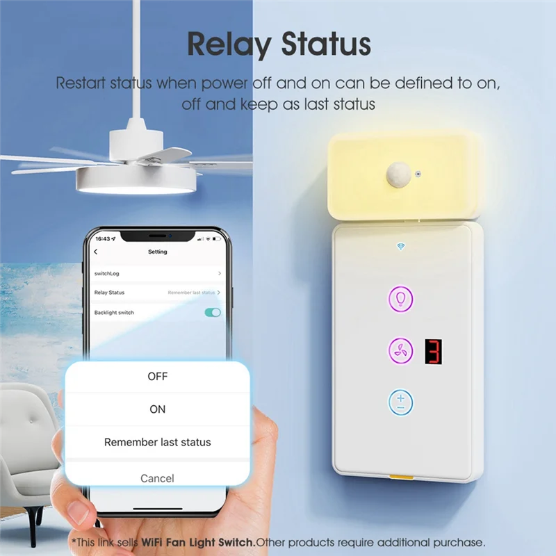 CABE-Smart Home Wifi Fan Light Switch Wall Remote Control With Tuya APP Voice Timing Touch Panel US-Plug Black