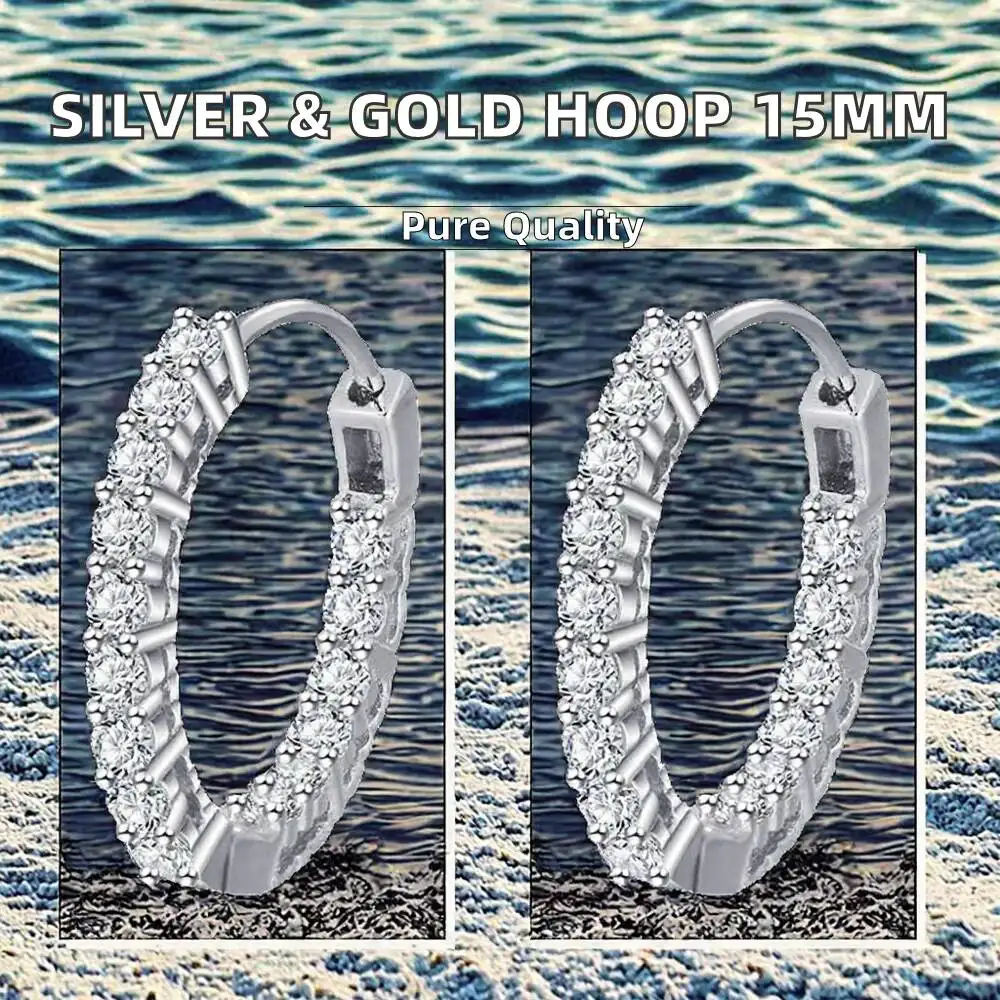 925 Sterling Silver Men & Women Hip Hop Iced Hoop Earrings 15mm Rhodium Plated 5A CZ Zircon