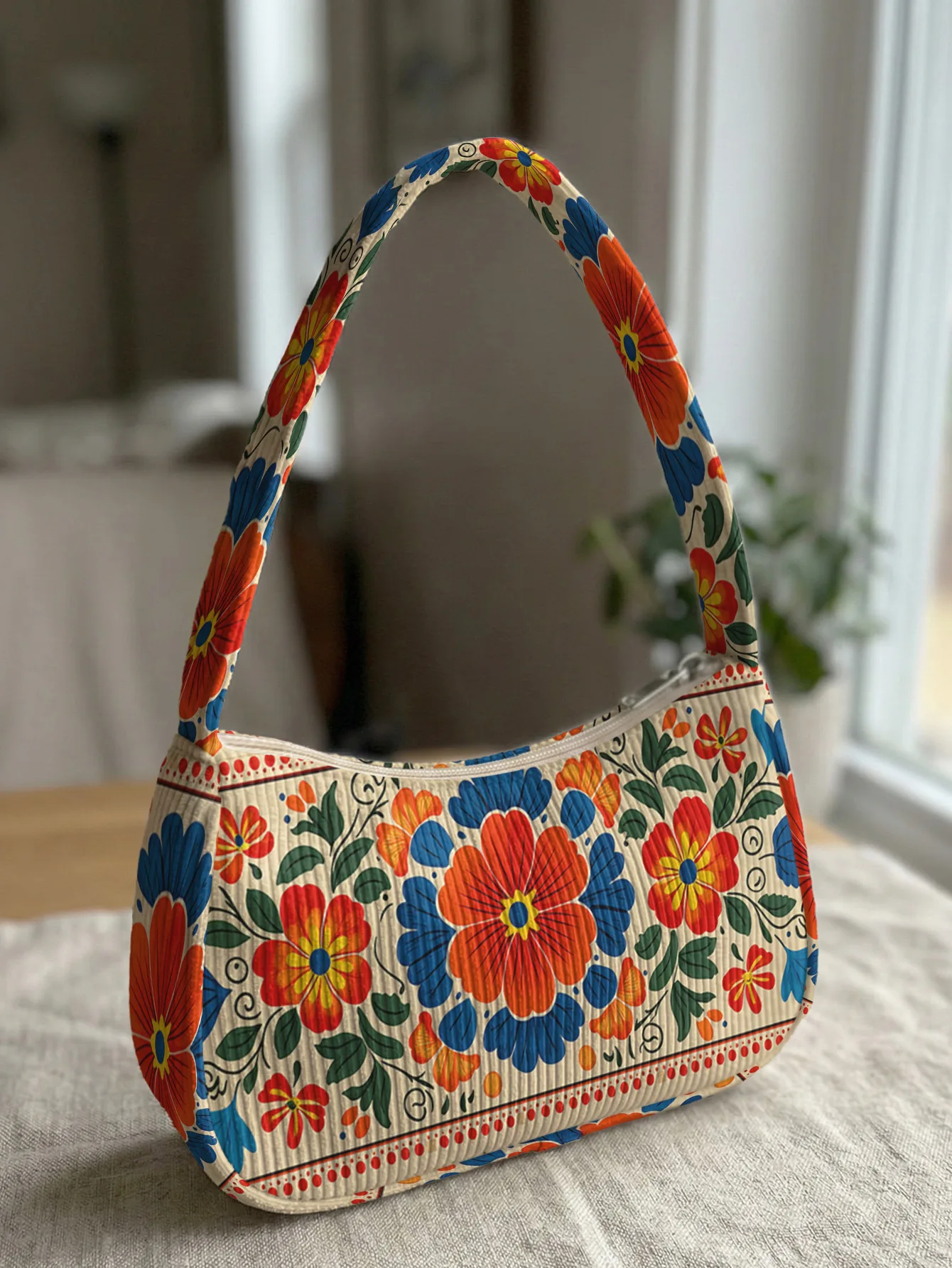 Trendy Mexican Folk Floral Print Shoulder Bag, Corduroy Underarm Bag for Daily Casual Use