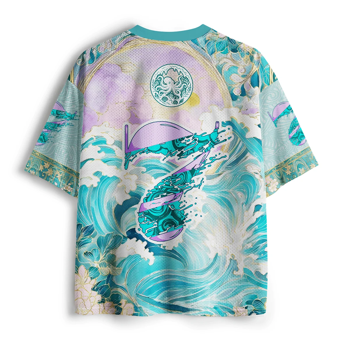 Latest Japanese Ukiyo-e Wave Octopus 3D Printed Mesh V-neck Loose Breathable Short Sleeve for Men and Women