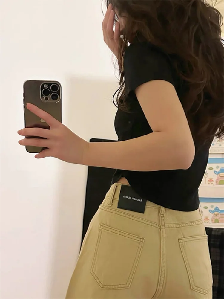 Pantalones vaqueros de pierna recta de cintura alta de color caqui para mujer, novedad de otoño, pantalones vaqueros finos adelgazantes, pantalones vaqueros holgados de calle alta