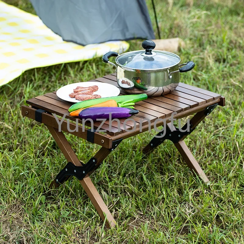 Outdoor Solid Wood Egg Roll Table Car Portable Family Barbecue Small Roll Table Folding Table