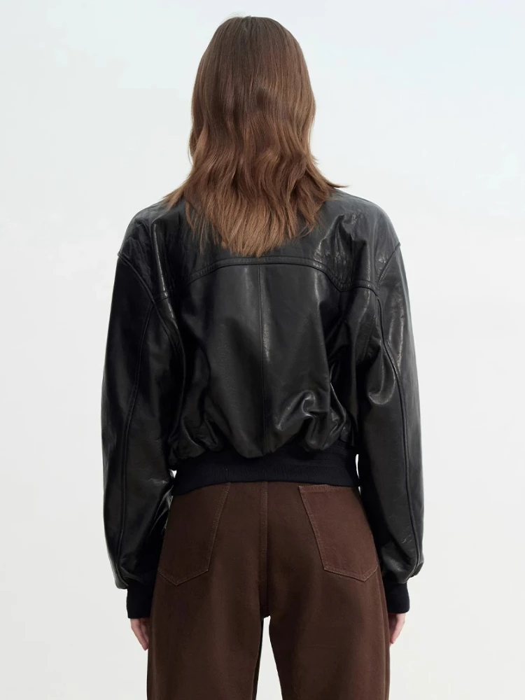 Vintage Genuine Leather Cropped Jackets for Women Spring Autumn 2025 New High-end Simple Soft Oil Wax Real Sheepskin Bomber Coat