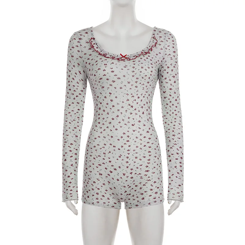 

French style spicy girl floral fungus edge splicing U-neck long sleeved jumpsuit