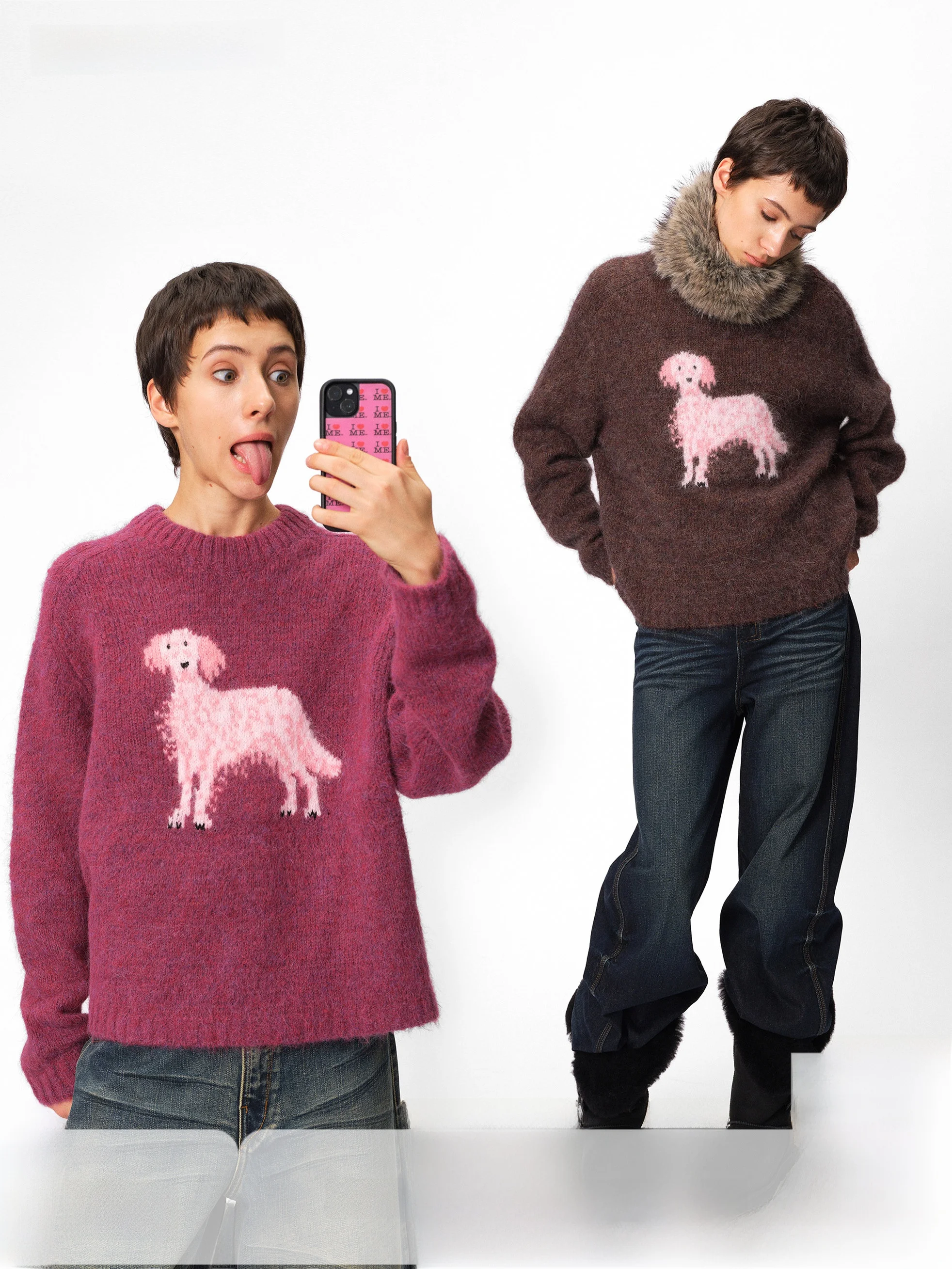 

Вязаный свитер SeeKSimple с круглым вырезом, свободного кроя, из верблюжьей шерсти, с розовым принтом собаки, теплый и удобный, женская вязаная одежда