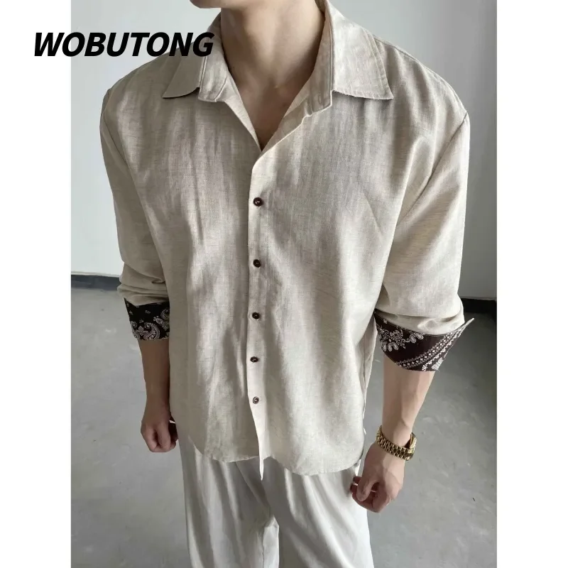 Men Beige Short Sleeve Shirt With Printed Cuffs Casual Shirt For Daily Wear
