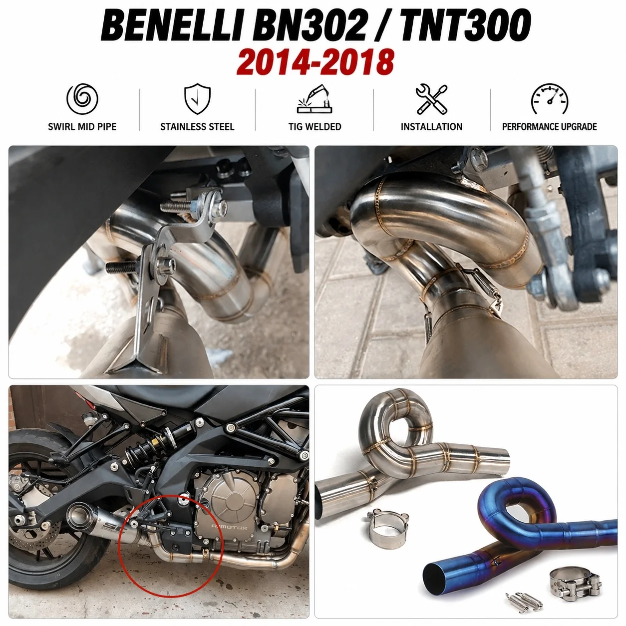Motorcycle Modified Loop Exhaust Mid Connector Pipe Stainless Steel Burnt‑Blue Option For Benelli BN302 TNT300