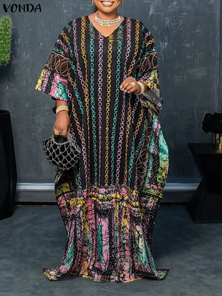 

Плюс размер 5XL VONDA женские богемные платья макси осень 3/4 рукава с принтом повседневный длинный сарафан с v-образным вырезом винтажные свободные платья