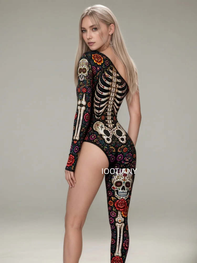 Gotischer Halloween-Skelett-Print-Bodysuit für Damen, One-Shoulder, einlanger Ärmel, asymmetrischer, enger Jumpsuit, Bühnen-Rave-Outfit – Detail 5