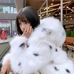 Faux Fox Fur Leopard Pointed Furry Coat with Hats Hooded Polk Dots Fluffy Bomber Jacket Mink Fur Cardigan Tops Flocking Parka