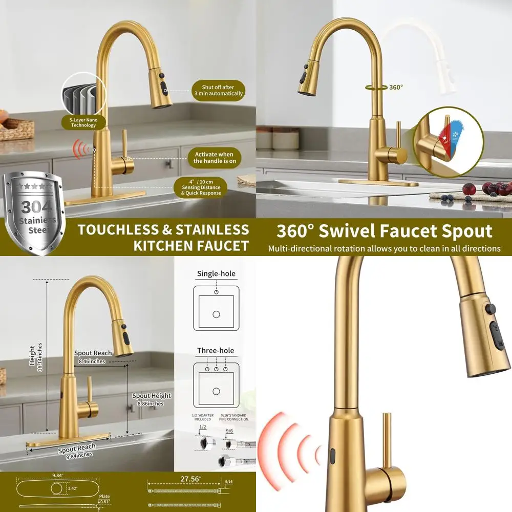 

Motion-Sensor Stainless Steel Kitchen Faucet with Pull-Down Sprayer, Touchless 1 or 3-Hole Design for Modern Sinks