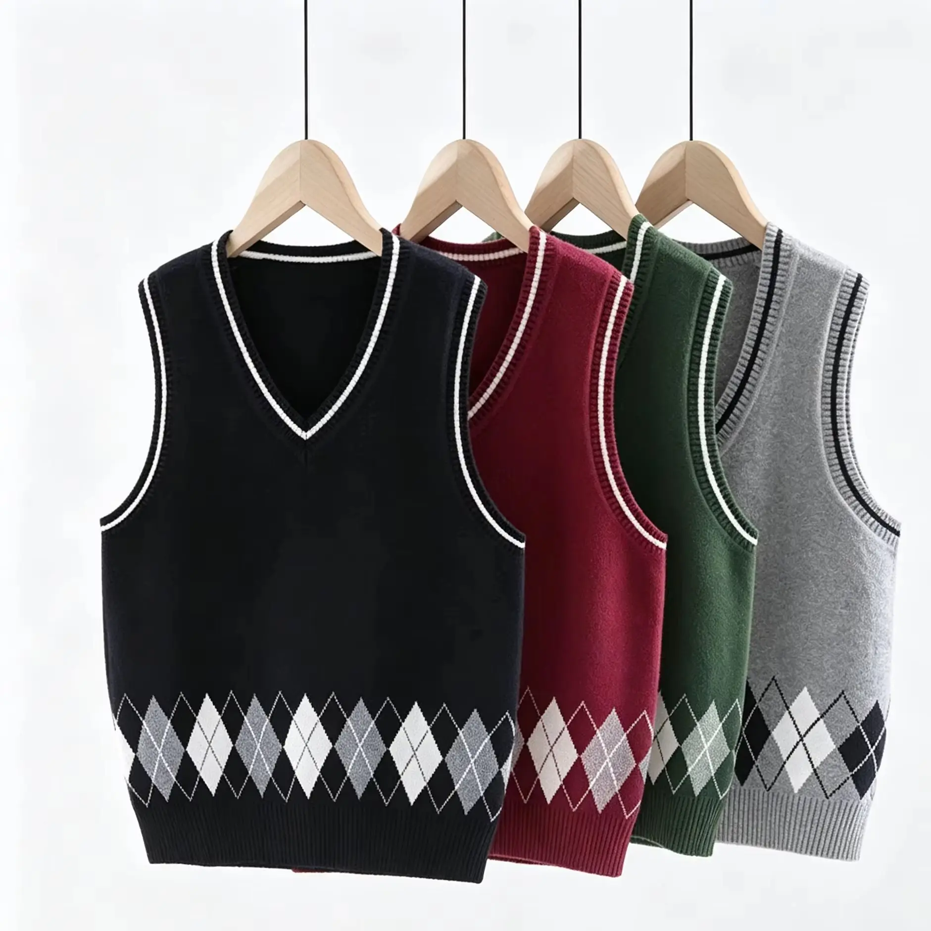 Kids Knit Sweater Vest Autumn Winter V‑Neck Argyle Preppy School Waistcoat Striped Trim Sleeveless Knit Top For Boys Girls 3‑12Y