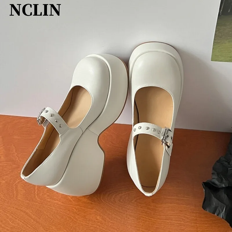 Spring/Summer Women Shoes Chunky Heel Round Toe Platform Shoes Women Genuine Leather Shoes High Heel MARY JANES Zapatos De Mujer